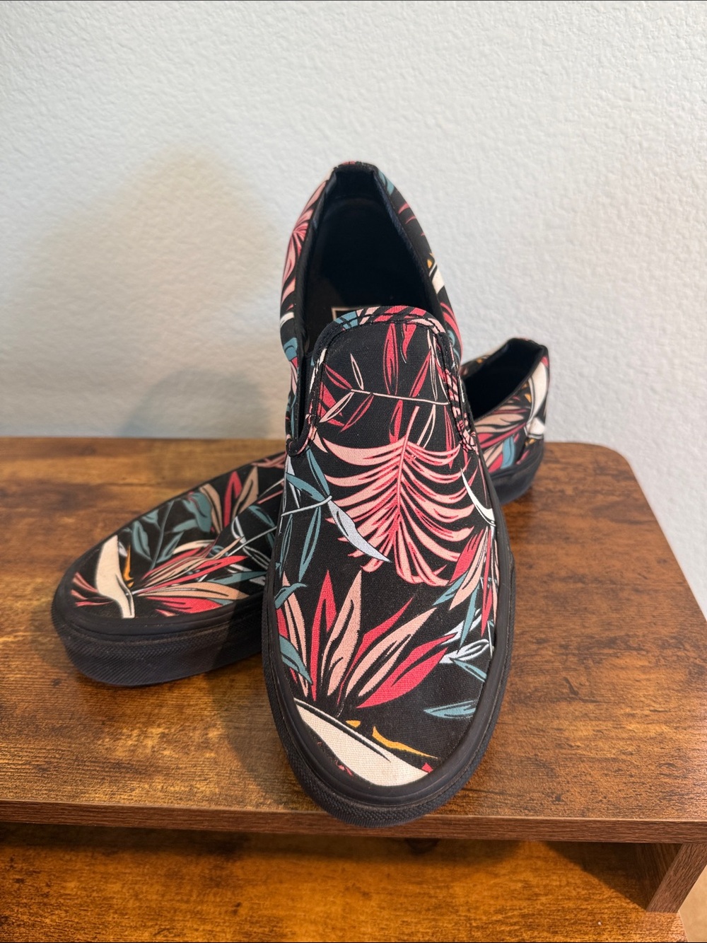 Vans Black Slip-Ons with Teal, Coral & Cream Leaf Print
